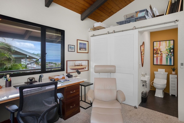 office space with light hardwood / wood-style floors, wood ceiling, and lofted ceiling with beams