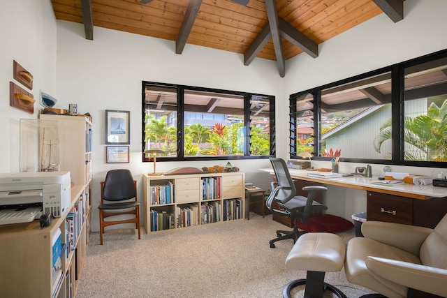 home office with light carpet, wood ceiling, and vaulted ceiling with beams