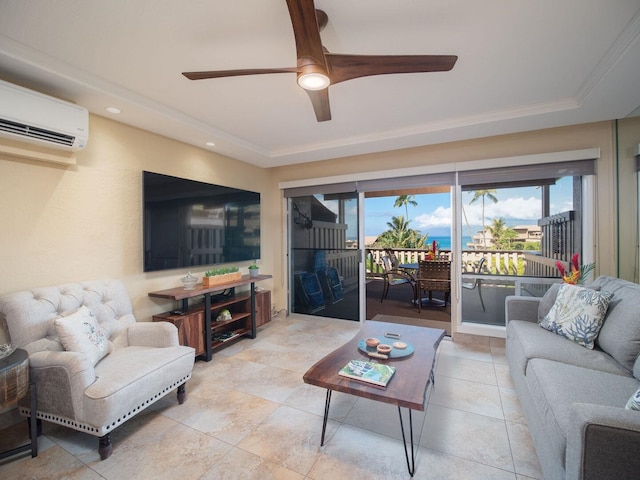 living room with an AC wall unit, ceiling fan, and a tray ceiling