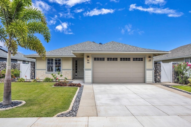 ranch-style home with a gate, an attached garage, concrete driveway, and roof with shingles