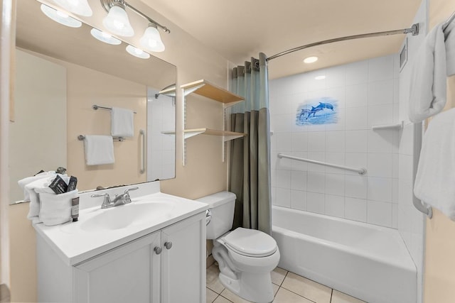 full bathroom featuring toilet, vanity, shower / bath combination with curtain, and tile patterned floors