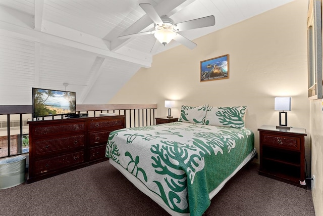 bedroom featuring vaulted ceiling with beams, dark carpet, and ceiling fan