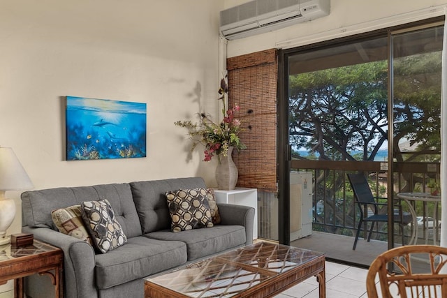 tiled living room with an AC wall unit and a healthy amount of sunlight