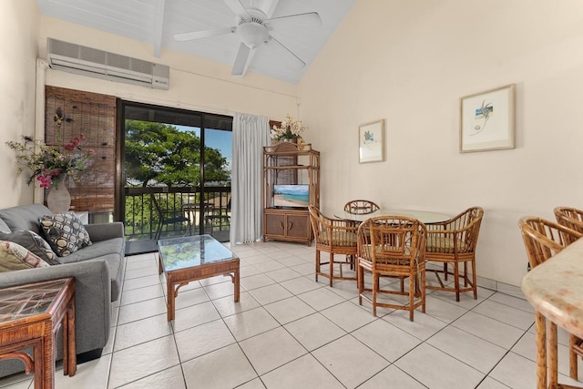 living room featuring beam ceiling, light tile patterned flooring, a wall mounted air conditioner, and ceiling fan