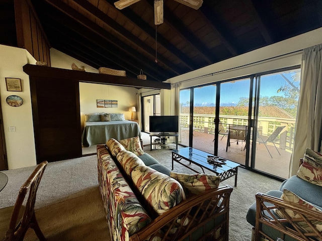 carpeted living room with ceiling fan, beamed ceiling, wooden ceiling, and high vaulted ceiling