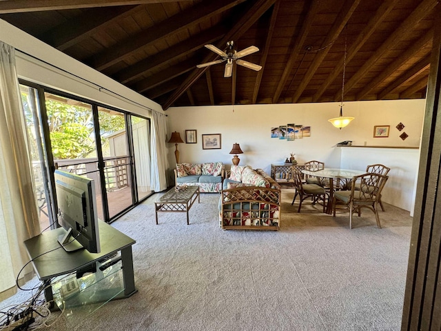 unfurnished living room featuring vaulted ceiling with beams, ceiling fan, carpet floors, and wooden ceiling