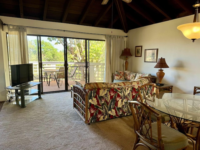 carpeted bedroom featuring access to outside, vaulted ceiling with beams, and wood ceiling