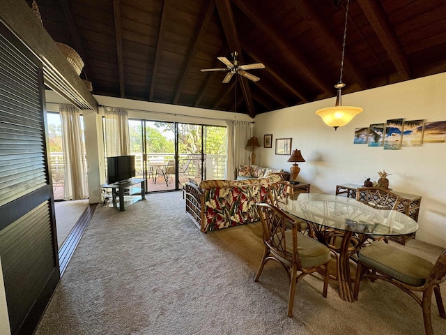 carpeted dining room with wood ceiling, ceiling fan, and lofted ceiling with beams