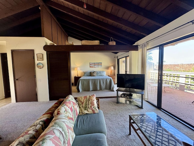 bedroom with carpet flooring, vaulted ceiling with beams, access to exterior, and wooden ceiling