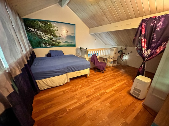 bedroom with wood ceiling, hardwood / wood-style flooring, and vaulted ceiling with beams