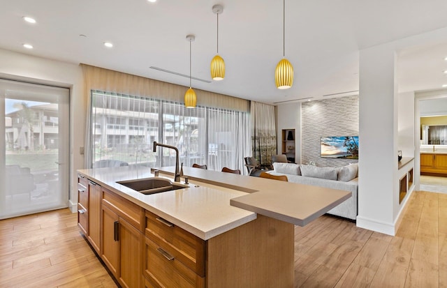 kitchen with an island with sink, sink, pendant lighting, and light hardwood / wood-style flooring