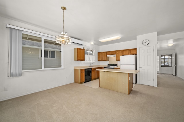 kitchen with dishwasher, decorative light fixtures, a kitchen island, electric stove, and light colored carpet