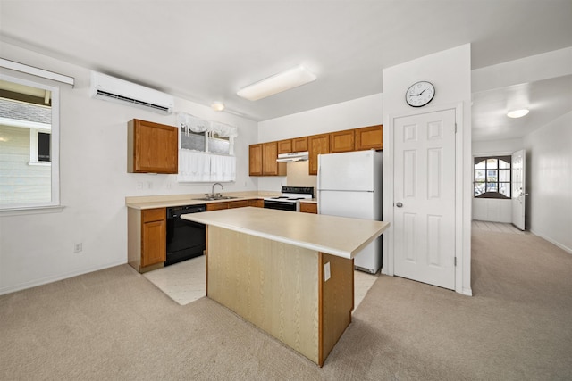 kitchen with electric range oven, a wall mounted air conditioner, a kitchen island, white refrigerator, and dishwasher