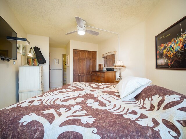 bedroom with a closet, ceiling fan, and a textured ceiling