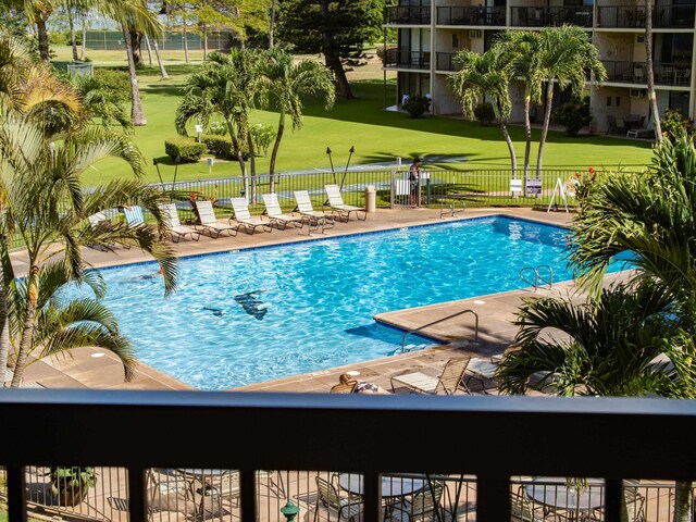 view of swimming pool featuring a lawn