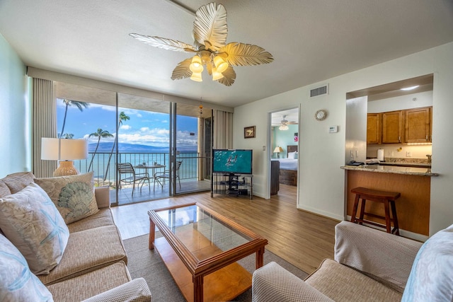 living room featuring ceiling fan and light hardwood / wood-style flooring