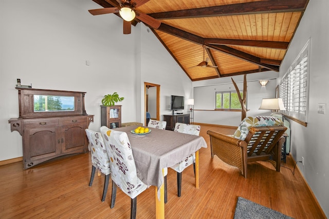 dining area with beamed ceiling, high vaulted ceiling, wood ceiling, and light hardwood / wood-style floors