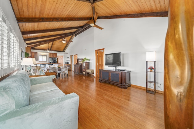 living room featuring beamed ceiling, hardwood / wood-style floors, ceiling fan, and wooden ceiling