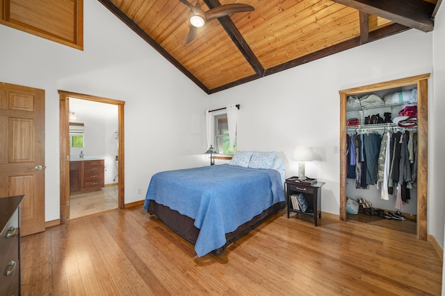 bedroom featuring ceiling fan, wooden ceiling, ensuite bathroom, a closet, and light wood-type flooring