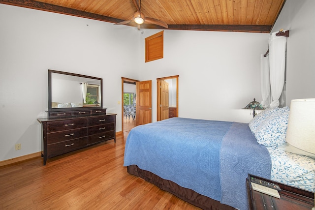 bedroom featuring light hardwood / wood-style floors, wood ceiling, and beam ceiling