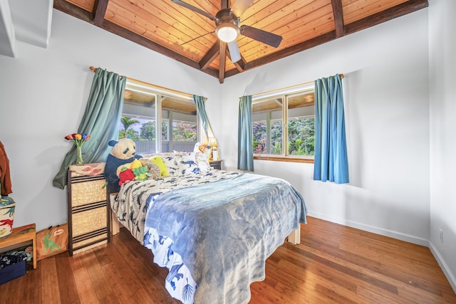 bedroom featuring multiple windows, ceiling fan, wooden ceiling, and dark hardwood / wood-style floors