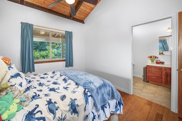 bedroom featuring vaulted ceiling with beams, ceiling fan, light wood-type flooring, and wood ceiling