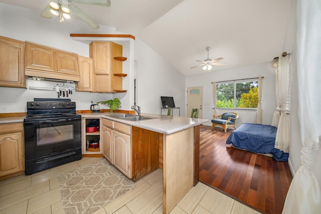 kitchen with kitchen peninsula, light wood-type flooring, vaulted ceiling, sink, and electric range