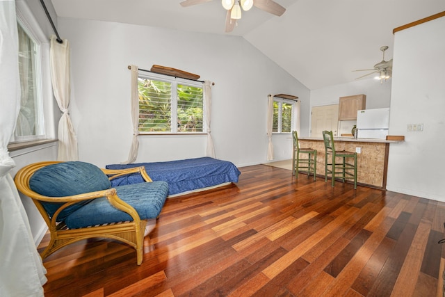 living area featuring lofted ceiling, ceiling fan, and dark wood-type flooring