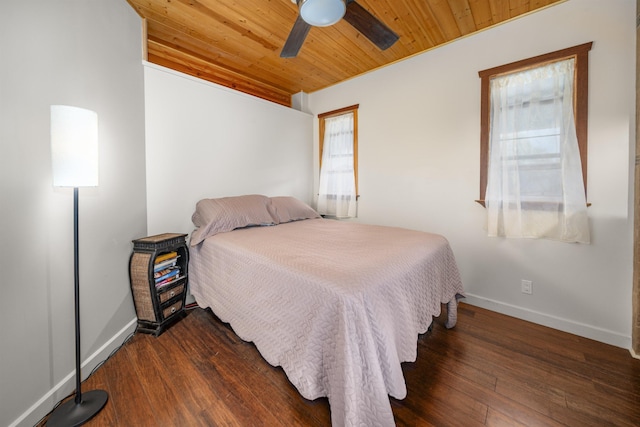 bedroom featuring dark hardwood / wood-style flooring, ceiling fan, and wood ceiling