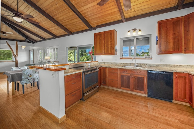 kitchen featuring sink, vaulted ceiling with beams, stainless steel electric range oven, black dishwasher, and light hardwood / wood-style floors