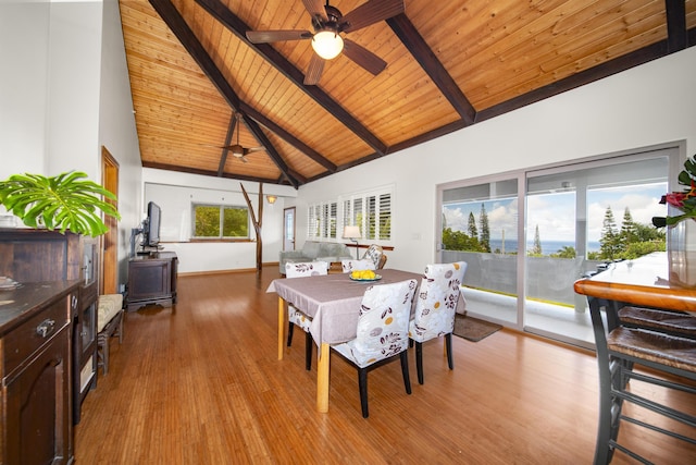 dining space featuring beam ceiling, ceiling fan, high vaulted ceiling, light hardwood / wood-style floors, and wood ceiling