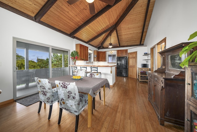 dining room with beamed ceiling, dark hardwood / wood-style flooring, and wood ceiling