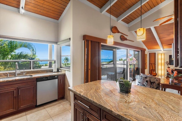 kitchen featuring wood ceiling, hanging light fixtures, sink, stainless steel dishwasher, and light stone counters