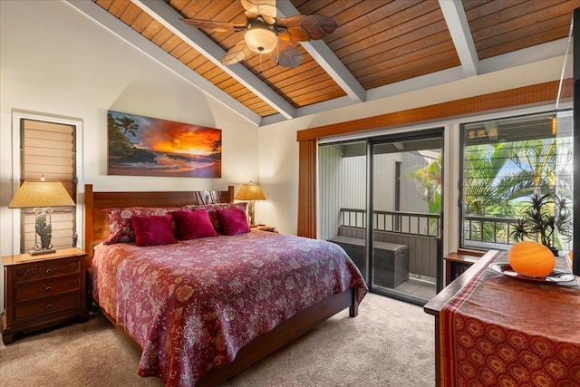 bedroom with beamed ceiling, wood ceiling, and ceiling fan