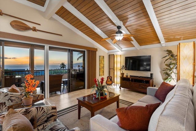 tiled living room with ceiling fan, lofted ceiling with beams, and wood ceiling