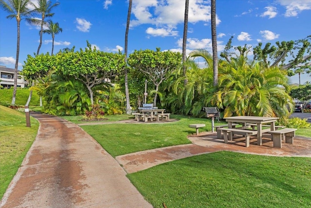 surrounding community with a patio and a lawn