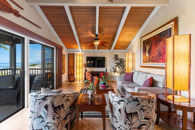 living room featuring wood ceiling, light tile patterned floors, ceiling fan, lofted ceiling with beams, and a water view