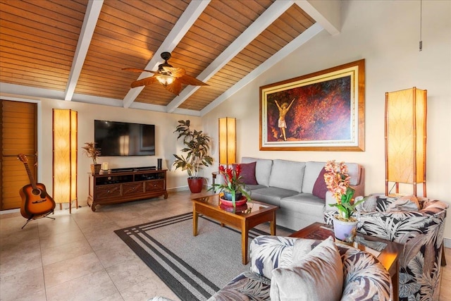 living room with vaulted ceiling with beams, wood ceiling, light tile patterned floors, and ceiling fan