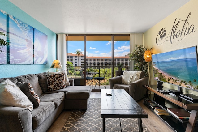 living room featuring expansive windows and hardwood / wood-style flooring