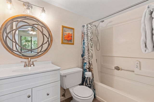 full bathroom featuring large vanity, shower / bath combination with curtain, and toilet