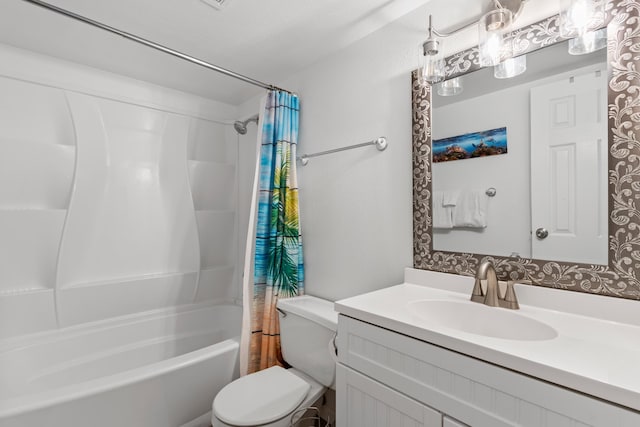 full bathroom with vanity, toilet, and shower / bath combo with shower curtain