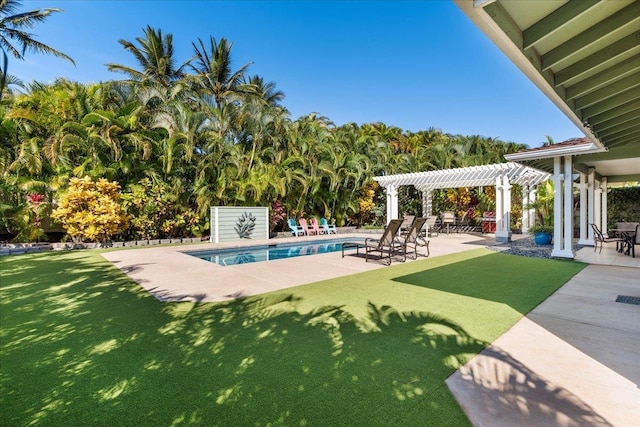 view of swimming pool with a lawn, a patio area, and a pergola