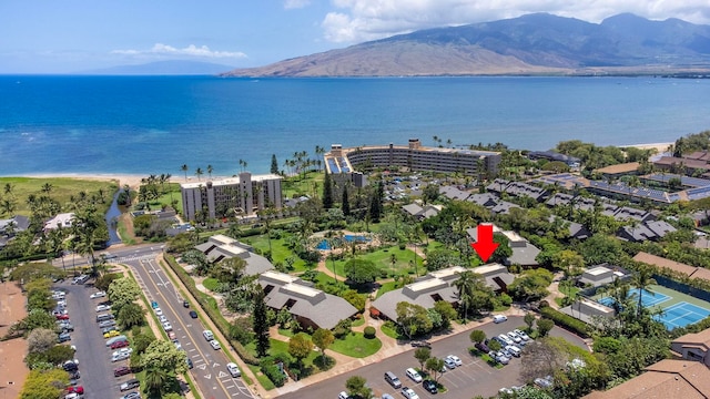 birds eye view of property featuring a water and mountain view