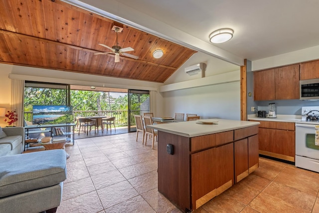 kitchen featuring ceiling fan, wooden ceiling, white range oven, light tile floors, and lofted ceiling