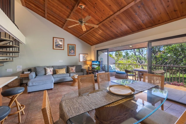 tiled living room featuring high vaulted ceiling, ceiling fan, and wood ceiling