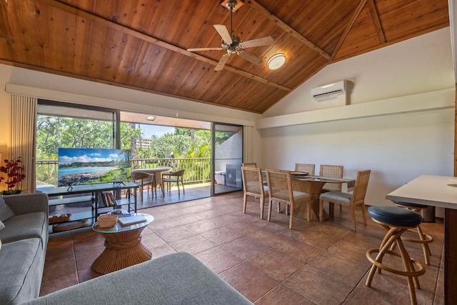 living room featuring tile flooring, a wall mounted air conditioner, high vaulted ceiling, wood ceiling, and ceiling fan