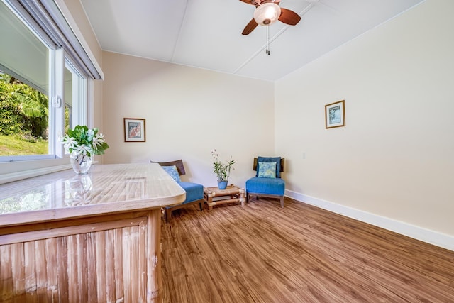 unfurnished room featuring ceiling fan, baseboards, and wood finished floors