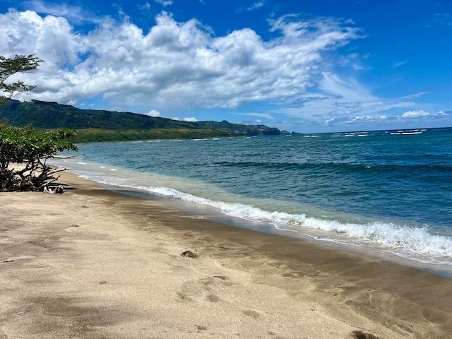 view of water feature with a beach view