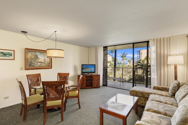 carpeted living room featuring expansive windows