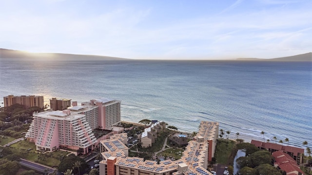 drone / aerial view with a city view and a water view